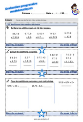 Additionner des nombres décimaux - Examen Evaluation progressive : 6ème Harmos - PDF à imprimer