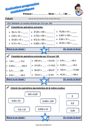 Multiplier un nombre décimal par 10 et par 100 - Examen Evaluation progressive : 6ème Harmos - PDF à imprimer