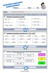 Diviser un nombre décimal par 10, 100 et 1 000 ou multiplier par 0,1 ; 0,01 ; 0,001 - Examen Evaluation progressive : 7ème Harmos - PDF à imprimer