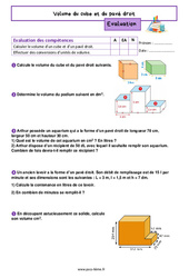 Volume du cube et du pavé droit - Examen Evaluation de géométrie pour la  : 8ème Harmos - PDF à imprimer