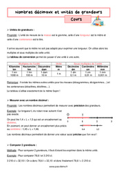 Cours Nombres décimaux et unités de grandeurs - Cours pour la  : 8ème Harmos - PDF à imprimer