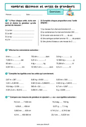 Nombres décimaux et unités de grandeurs - Exercices pour la  : 8ème Harmos - PDF à imprimer