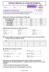 Nombres décimaux et unités de grandeurs - Évaluation pour la  : 8ème Harmos - PDF à imprimer