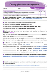 Les accords sujet - verbe - Examen Evaluation avec la correction : 9eme Harmos - PDF à imprimer