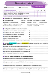 L’adjectif - Examen Evaluation avec la correction : 9eme Harmos - PDF à imprimer