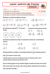 Ajouter, soustraire des fractions - Examen Evaluation avec la correction : 9eme Harmos - PDF à imprimer