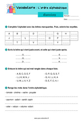 Ordre alphabétique - Exercices de vocabulaire : 4ème Harmos - PDF à imprimer