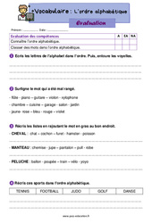 Ordre alphabétique - Évaluation de vocabulaire : 4ème Harmos - PDF à imprimer