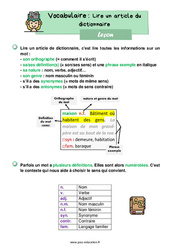 Lire un article dictionnaire - Cours, Leçon de vocabulaire : 4ème Harmos - PDF gratuit à imprimer