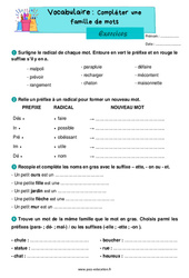 Compléter une famille de mots - Exercices de vocabulaire : 4ème Harmos - PDF à imprimer