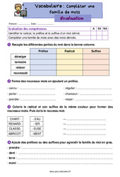 Compléter une famille de mots - Évaluation de vocabulaire : 4ème Harmos - PDF à imprimer