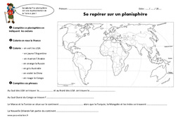 Se repérer sur un planisphère - Exercices : 5ème Harmos - PDF à imprimer