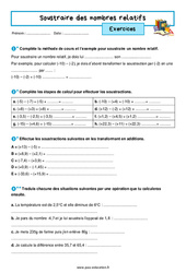 Soustraire des nombres relatifs - Exercices avec les corrigés : 9eme Harmos - PDF à imprimer