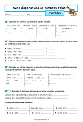 Suite d'opérations de nombres relatifs - Exercices avec les corrigés : 9eme Harmos - PDF à imprimer