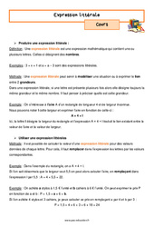 Expression littérale - Cours : 9eme Harmos - PDF à imprimer