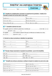 Simplifier une expression littérale - Exercices avec les corrigés : 9eme Harmos - PDF à imprimer