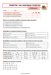 Simplifier une expression littérale - Examen Evaluation avec la correction : 9eme Harmos - PDF à imprimer