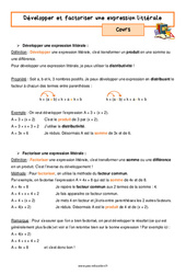 Développer et factoriser une expression littérale - Cours : 9eme Harmos - PDF à imprimer