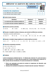 Additionner et soustraire des nombres relatifs - Examen Evaluation avec la correction : 10ème Harmos - PDF à imprimer