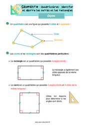 Identifier et décrire les carrés et les rectangles - Cours, Leçon sur les quadrilatères : 4ème Harmos - PDF gratuit à imprimer