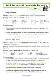 Carré d'un nombre et racine carrée d'un nombre - Cours : 10ème Harmos - PDF à imprimer
