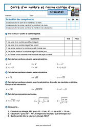 Carré d'un nombre et racine carrée d'un nombre - Examen Evaluation avec la correction : 10ème Harmos - PDF à imprimer