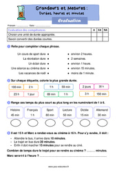 Durées, heures et minutes - Évaluation sur les grandeurs et mesures : 4ème Harmos - PDF à imprimer