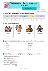 Donner le contraire d'un mot - Exercices de vocabulaire : 4ème Harmos - PDF à imprimer