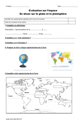 Globe - Planisphère - Examen Evaluation : 4ème Harmos - PDF à imprimer