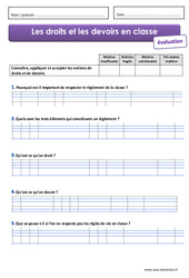 Droits et devoirs en classe - Examen Evaluation : 6ème, 7ème Harmos - PDF à imprimer