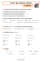 Diviser des nombres relatifs - Exercices avec les corrigés : 9eme Harmos - PDF à imprimer