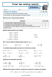 Diviser des nombres relatifs - Examen Evaluation avec la correction : 9eme Harmos - PDF à imprimer