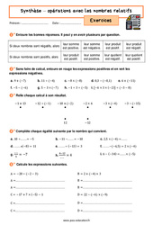 Opérations avec des nombres relatifs (Synthèse) - Exercices avec les corrigés : 10ème Harmos - PDF à imprimer