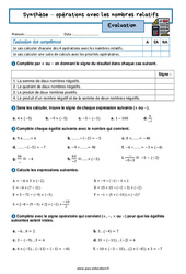 Opérations avec des nombres relatifs (Synthèse) - Examen Evaluation avec la correction : 10ème Harmos - PDF à imprimer