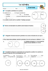 Le cylindre - Exercices avec les corrigés : 9eme Harmos - PDF à imprimer