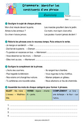 Identifier les constituants d’une phrase - Exercices de grammaire : 4ème Harmos - PDF à imprimer