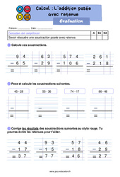 La soustraction posée avec retenue - Évaluation : 4ème Harmos - PDF à imprimer