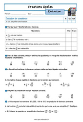 Fractions égales - Examen Evaluation avec la correction : 10ème Harmos - PDF à imprimer