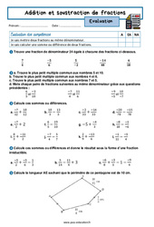 Addition et soustraction de fractions - Examen Evaluation avec la correction : 10ème Harmos - PDF à imprimer