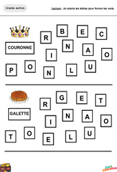 Colorie les lettres pour former les mots - Épiphanie - Discrimination visuelle : 2ème Harmos - PDF à imprimer