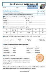 Calcul avec des puissances de 10 - Examen Evaluation avec la correction : 10ème Harmos - PDF à imprimer