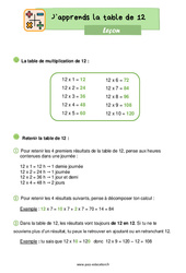 Apprendre la table de 12 - Cours, Leçon : 4ème Harmos - PDF gratuit à imprimer