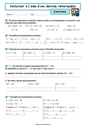 Factoriser avec une identité remarquable - Exercices avec les corrigés : 11ème Harmos - PDF à imprimer