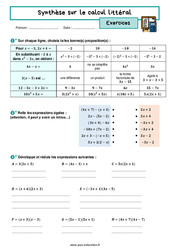 Synthèse calcul littéral - Exercices avec les corrigés : 11ème Harmos - PDF à imprimer