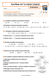 Synthèse calcul littéral - Examen Evaluation avec la correction : 11ème Harmos - PDF à imprimer