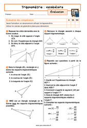 Trigonométrie - Fiches vocabulaire - Examen Evaluation avec la correction : 11ème Harmos - PDF à imprimer