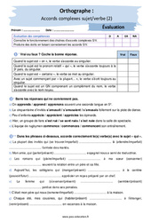 Accords complexes sujet/verbe (2) - Examen Evaluation avec la correction : 10ème Harmos - PDF à imprimer