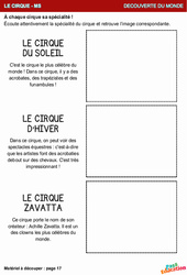 Le cirque du soleil, d'hiver et zavatta - Découverte du monde en maternelle : 1ère Harmos - PDF à imprimer