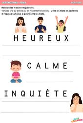 Heureux, calme et inquiète - Les émotions - Ecriture : 1ère Harmos - PDF à imprimer