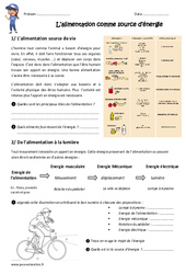 Alimentation - Source d’énergie - Exercices : 6ème, 7ème Harmos - PDF à imprimer